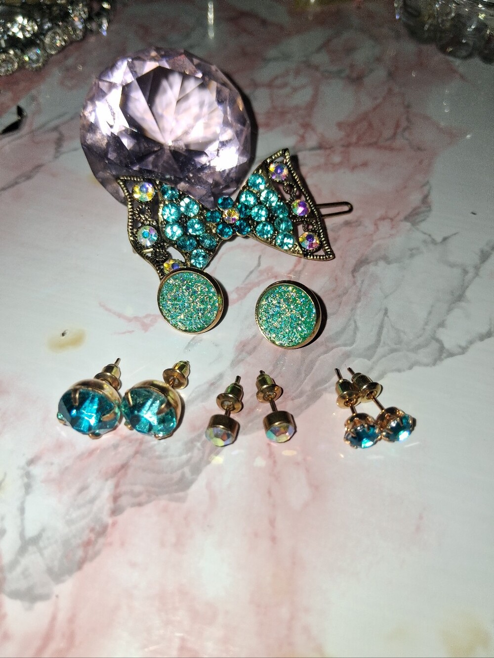 Turquoise Crystal Jewelry Set - Bow Clip & Stud Earrings
